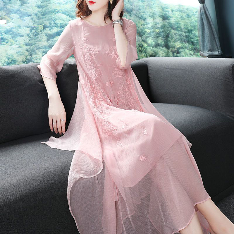 Summer Gauze Clothing - Elegant O-Neck Spliced Gauze Embroidery Prom