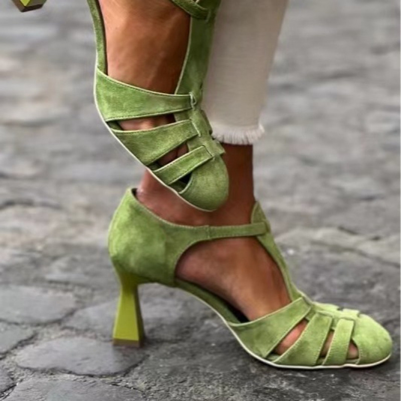 Summer Clothing Office - Women's Green Suede Kitten Heel T-Strap