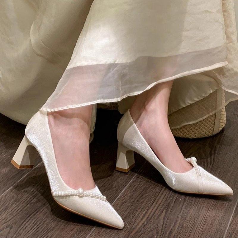 Summer Clothing Office - Elegant Pearl Embellished Pointed Toe Block