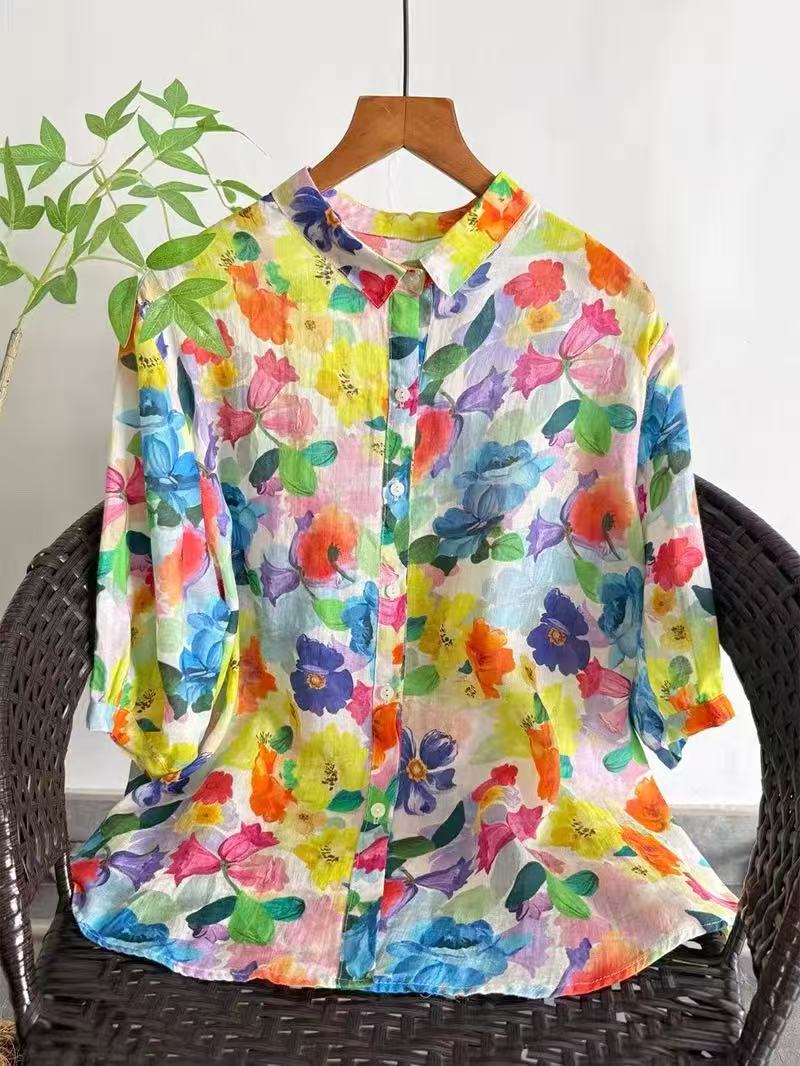 Summer Clothing For Japan - 2026 Pure Ramie Print Shirt Women